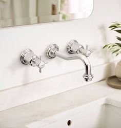 a bathroom sink with two faucets and a potted plant next to it