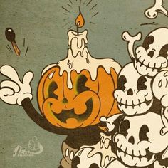 an image of a halloween scene with pumpkins and skulls