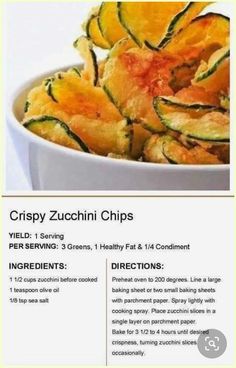 the recipe for crispy zucchini chips is shown in an advertisement with instructions