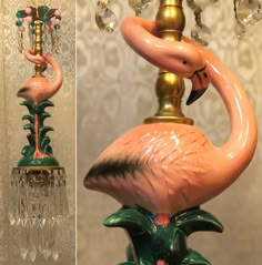 a pink flamingo lamp sitting on top of a table next to a chandelier