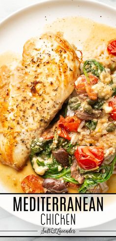 a plate with chicken and rice with sauce and text overlay that reads mediterranean chicken Mediterranean Diet Chicken, Mediterranean Chicken Recipes, Easy Mediterranean Recipes, Easy Mediterranean Diet Recipes