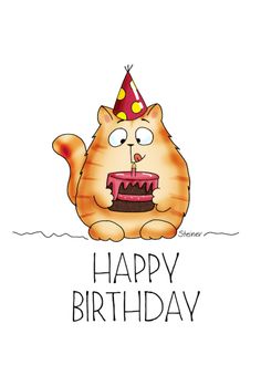 a cartoon cat with a birthday cake on it's face and the words happy birthday written