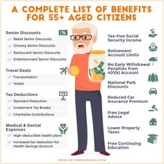 an old man holding a glass with money in it and the text, a complete list of benefits for 55 + aged citizens