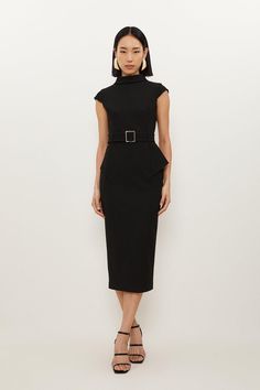 Structured Crepe Roll Neck Peplum Belted Midi Dress Peplum Work Dress, Black Dress Business Professional, Belted Black Dress For Office, Black Belted Office Dress, Business Casual Dresses For Women, Dresses For The Office, Black Dress Work, Classic Kibbe, Liz Dress