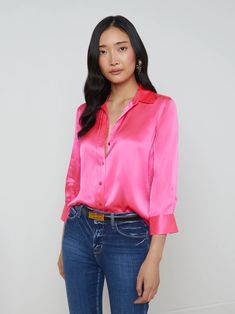 L'AGENCE - Dani 3/4 Sleeve Silk Blouse in Shocking Pink Shocking Pink Outfit, Three Quarter Sleeve Shirt, Corporate Attire, Shocking Pink, Knit Denim, Smart Casual Outfit, Fall Clothes, Professional Fashion, Trendy Fall