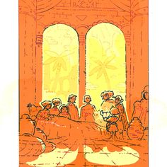 an orange and yellow drawing of people in front of two large windows with arches above them