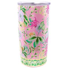 a pink and green floral print tumbler cup on a white background with an insulated lid