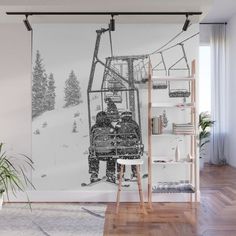 a black and white photo of a ski lift wall mural