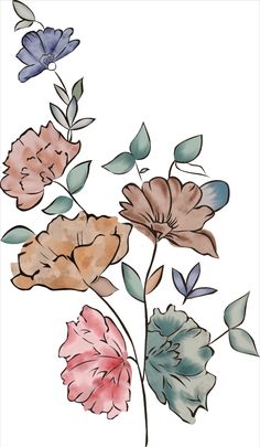 some flowers are painted on a white background with blue and pink leaves in the foreground