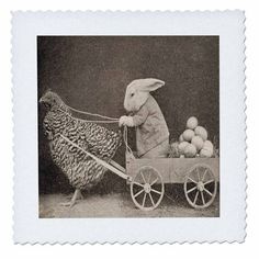 a postage stamp with an image of a rabbit pulling a cart full of eggs and chickens