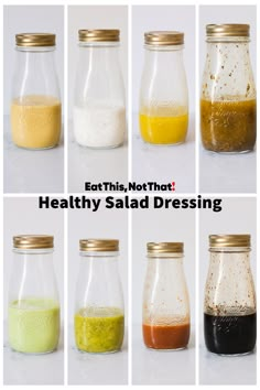 six jars filled with different colored liquids on top of a white table next to the words earth's not that healthy salad dressing