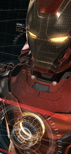 an iron man is depicted in this futuristic image with lines and circles around him, as well as his head