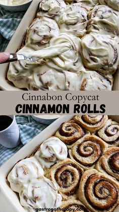 Pan of Cinnabon copycat cinnamon rolls in a baking dish. Cinnamon Rolls Homemade Gooey, Cinnamon Rolls Like Cinnabon, Cinnabon Recipe Copycat, Cinnamon Buns Gooey, Diy Cinnabon Cinnamon Rolls, Copycat Cinnabon Rolls, Cinna Bun Cinnamon Rolls, Best Cinnamon Buns Recipe, Yudane Cinnamon Rolls