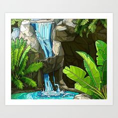 a painting of a waterfall surrounded by tropical plants