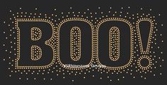 the word booo written in gold and black with small dots on a black background