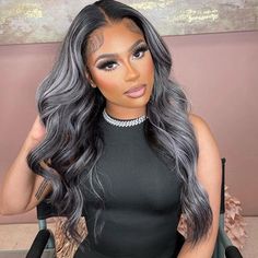 Hair Name: Ombre Highlights Lace Front Wigs Hair Style: Straight Human Hair Hair Length: 14-30 inches Wig Weight: 200-320g/Wig (Depending on Lengths and Density) Color: Platinum Gray and Black Highlights Density: 150% Density, 200% Density Lace Size: 13x4 Lace Front Wigs Cap Size: Medium, about 22.5 inches Quality: 100% Virgin Human Hair Wigs Shipment: DHL, FedEx, or UPS 10-15 Business Days Black Hair With Grey Highlights, Hair With Grey Highlights, Black With Highlights, Gray Wigs, Platinum Blonde Highlights, Grey Highlights, Ombre Highlights, Black Hair With Highlights, Human Hair Color