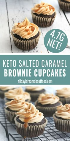 keto salted caramel brownie cupcakes on a cooling rack