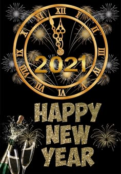 a happy new year card with fireworks and champagne in front of an image of a clock