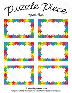 four colorful puzzle pieces with name tags on the front and back, all in different colors