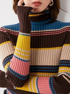 Striped Long Sleeve Ribbed Sweater, Striped Long Sleeve Casual Turtleneck, Casual Multicolor Winter Sweater, Winter Striped Long Sleeve Sweater, Winter Brown Stretch Turtleneck, Winter Acrylic Sweater In Comfortable Fit, Striped Long Sleeve Sweater With Ribbed Collar, Striped Knit Outerwear For Winter, Winter Ribbed Knit Outerwear