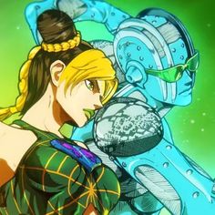 two anime characters are standing next to each other in front of a green and yellow background