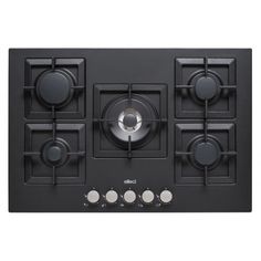 a black stove top with four burners and knobs