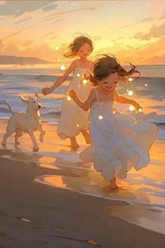 two girls in white dresses are running on the beach with their dog as the sun sets