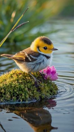 a small yellow and black bird sitting on top of a moss covered rock in the water