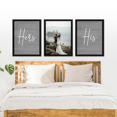 two framed photos hang above a bed in a bedroom with white sheets and pillows on it