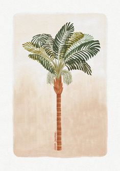 a painting of a palm tree with green leaves on it's trunk, against a beige background