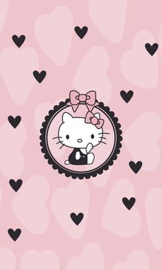 the hello kitty wallpaper has hearts all over it and is pink with black accents