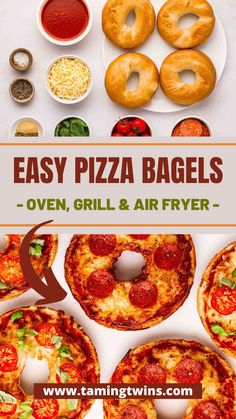 pizzas and doughnuts with the words easy pizza bagels oven, grill & air fryer