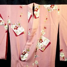 This listing is for a traditional vintage Japanese kimono that could be worn casually or semi-formally, depending on the obi and accessories. The background silk is a soft powder pink and the design is a combination of floral and geometric that was popular in the 1950s. Red, gold, and silver florals - some float freely and others seem to bedecoration on little squares of fabric or cards. A fun, feminine and festive feel to the design. Red upper and pink lower lining. There are a few very light blemishes - see last photo - which are hardly noticeable and do not detract from the wearability or displayability of this kimono. Althought it's impossible to assign an exact age to any kimono, we suspect this may be from the 1940s or 1950s based on the design, colors, smaller size and techniques. M Vintage Japanese Kimono, Formal Style, Japanese Kimono, Powder Pink, Dress Clothes For Women, Vintage Japanese, Red Gold, Etsy Accessories, Dress Outfits