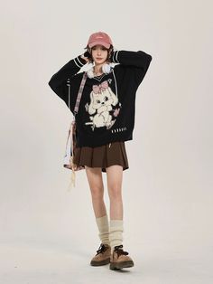 S: Shoulder: 58 cm, Bust: 122 cm, Length: 64 cm M: Shoulder: 59 cm, Bust: 126 cm, Length: 66 cm L: Shoulder: 61 cm, Bust: 130 cm, Length: 68 cm, Vintage Kawaii, V Neck, Knitting, Black, Kawaii