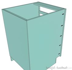 a drawing of a blue cabinet with drawers on the front and bottom side, in perspective