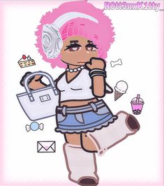 a drawing of a girl with pink hair holding a bag