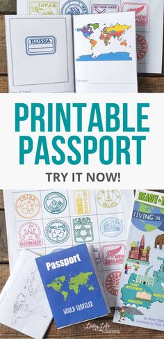 the printable passport is on display in front of a wooden background with text overlay