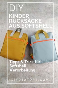 two pieces of luggage sitting next to each other on the ground with text overlay that reads diy kinder, rucksacke aus softshell tips & trick fur