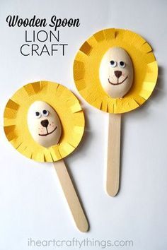 two lion crafts made out of popsticks with the words wooden spoon lion craft on them