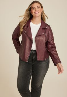 Plus Size Faux Leather Moto Jacket - Plus Size Leather Moto Jacket, Fall Faux Leather Jacket With Asymmetrical Zip, Faux Leather Jacket With Asymmetrical Zip For Fall, Chic Faux Leather Biker Jacket For Fall, Fall Leather Jacket, Plus Size Leather, Maurices Plus Size, Faux Leather Moto Jacket, Curvy Jeans