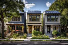 two story houses with solar panels on the roof and windows, along side trees in front of them