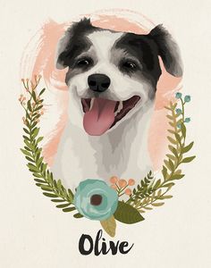 a black and white dog with an olive wreath around it's neck that says olive