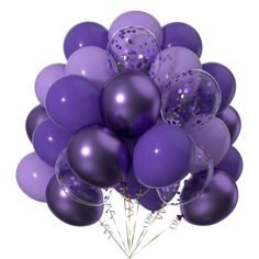 a bunch of purple balloons with confetti on them