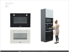 a woman is standing next to an oven and microwave