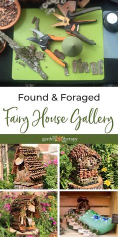 a collage of photos showing the process of making a fairy house with garden tools