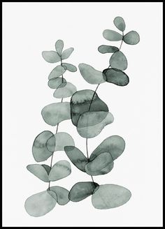 a black and white photo of some green leaves on a branch with watercolor effect