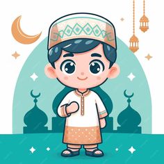 an illustration of a little boy wearing a muslim outfit and pointing to the side with mosques in the background