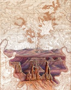 an old map with mountains in the background and watercolors on paper below it