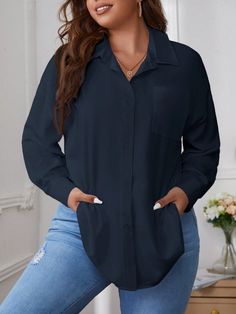 Plus Size Women's Solid Color Long Sleeve Pocket Loose Casual Blouse, Spring & Summer Blue Casual  Long Sleeve Fabric Plain Shirt Non-Stretch  Women Plus Clothing, size features are:Bust: ,Length: ,Sleeve Length: Fitted Button Up Shirt, Button Up Shirt Women, Oversized Long Sleeve Shirt, Drop Shoulder Shirt, Casual Long Sleeve Shirts, Plus Size Kleidung, Plain Shirts, Inspiration Mode, Plus Size Blouses