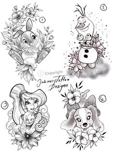 four different tattoos with flowers and animals on them